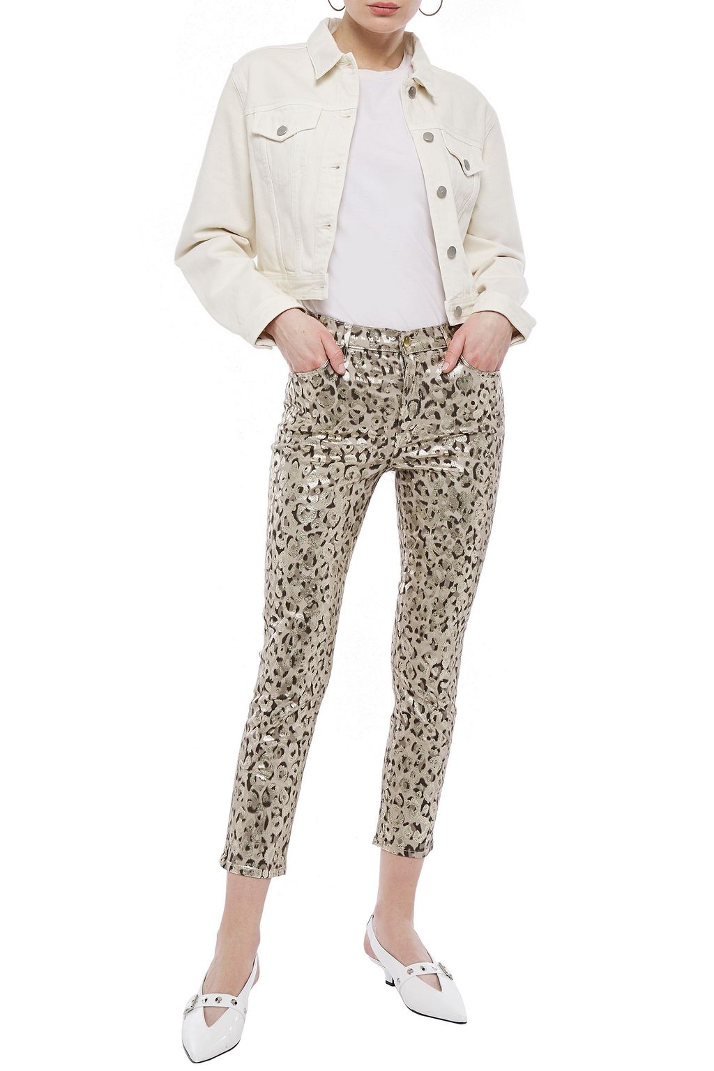 J BRAND Cropped metallic coated leopard-print mid-rise skinny jeans