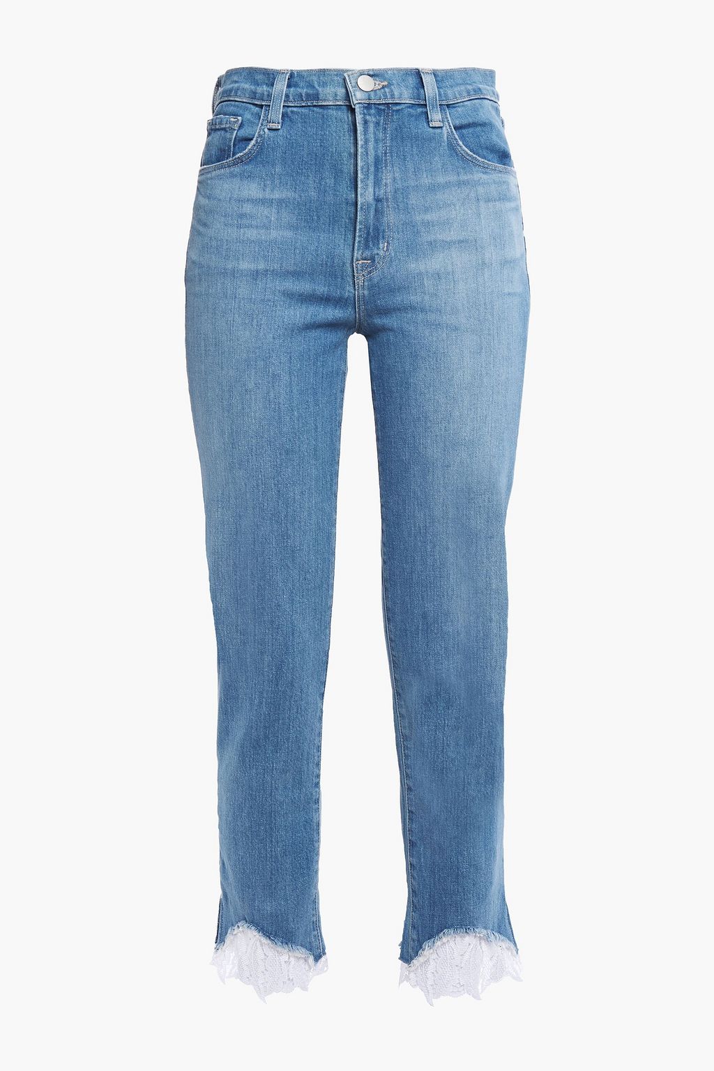 J BRAND Cropped lace trimmed mid rise slim leg jeans THE OUTNET