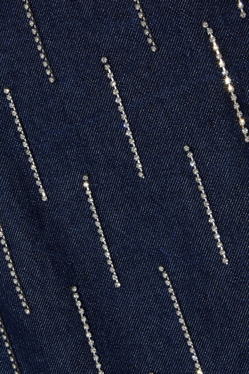 16ARLINGTON Crystal-embellished fringed denim midi pencil skirt