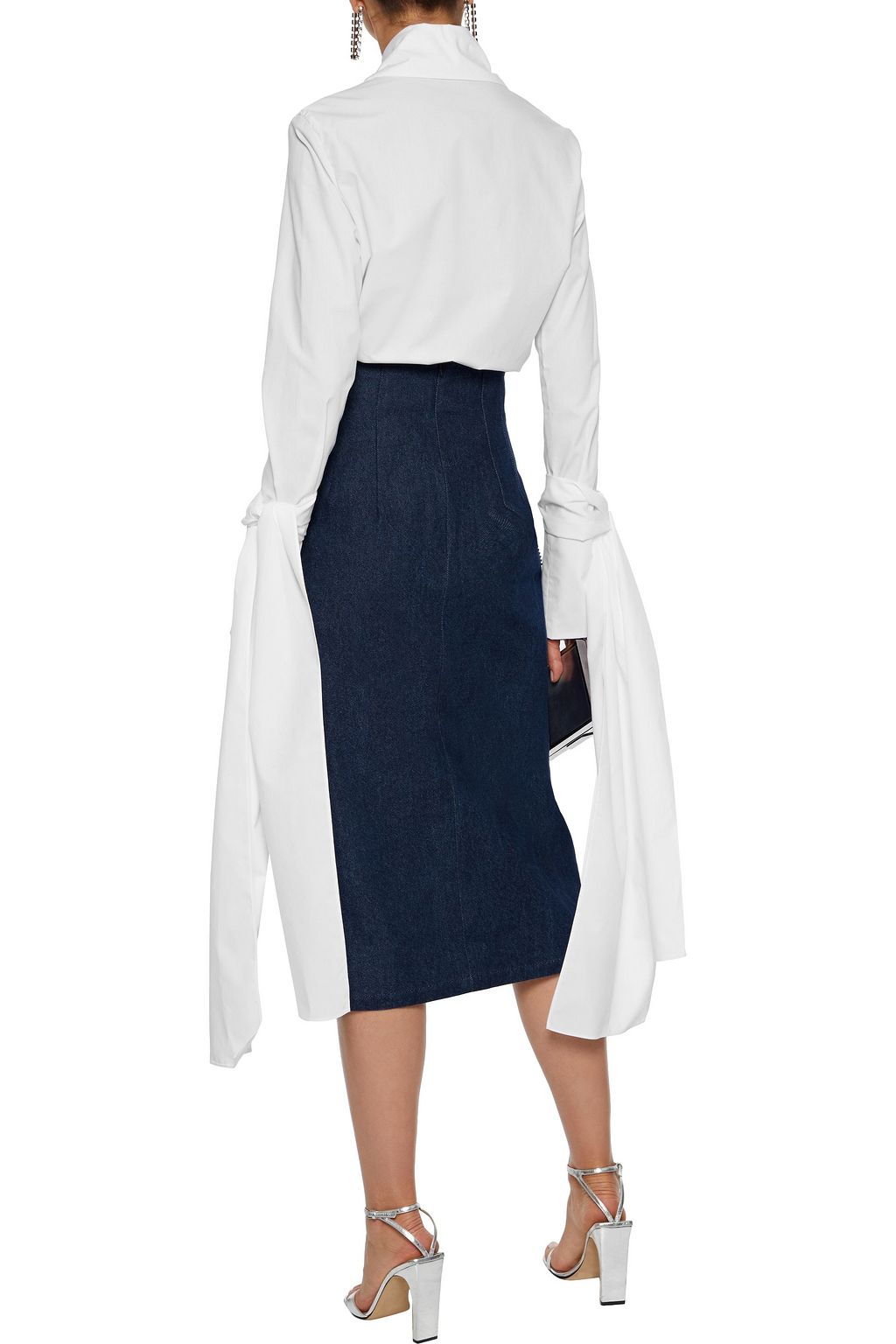 16ARLINGTON Crystal-embellished fringed denim midi pencil skirt