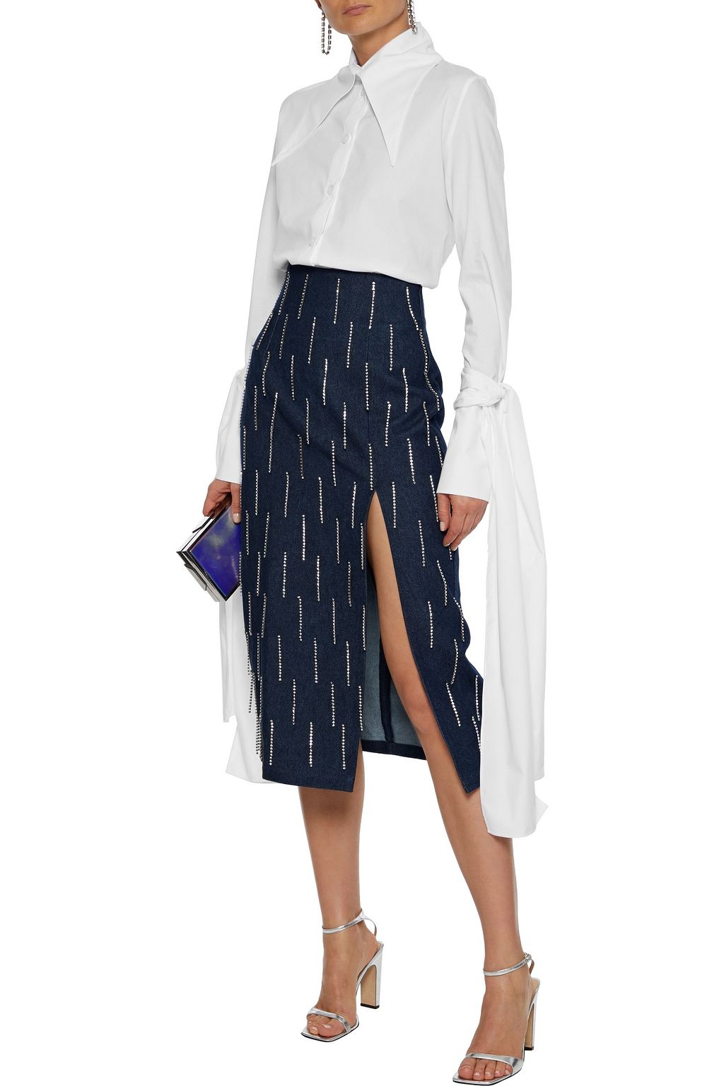 16ARLINGTON Crystal-embellished fringed denim midi pencil skirt