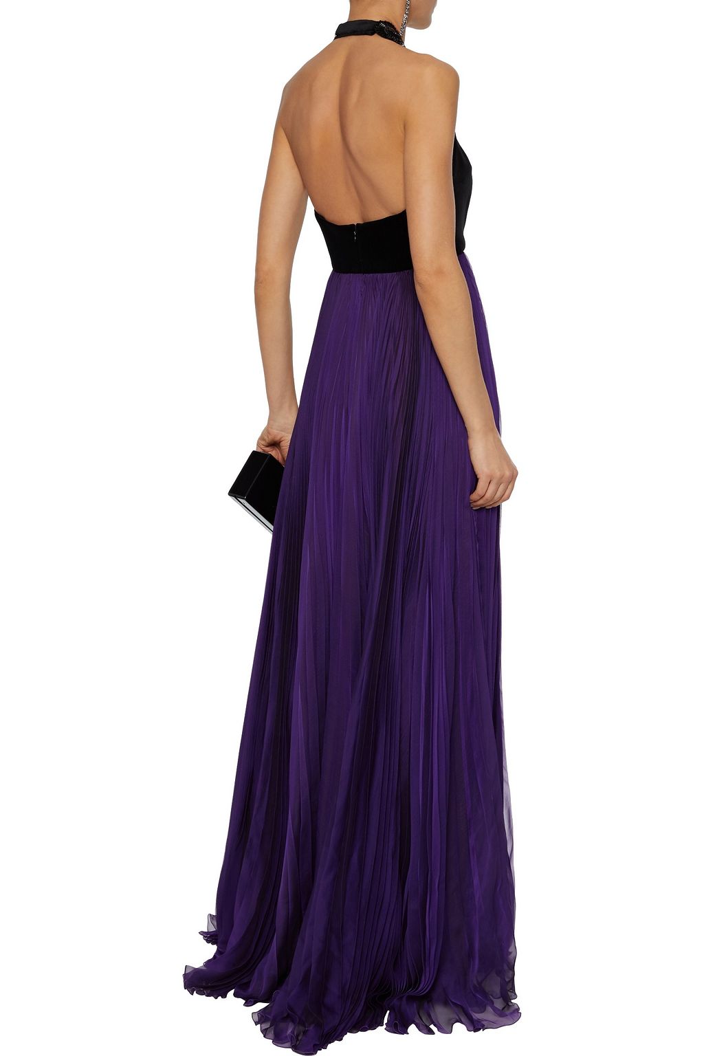 ANDREW GN Embellished velvet and pleated chiffon halterneck gown