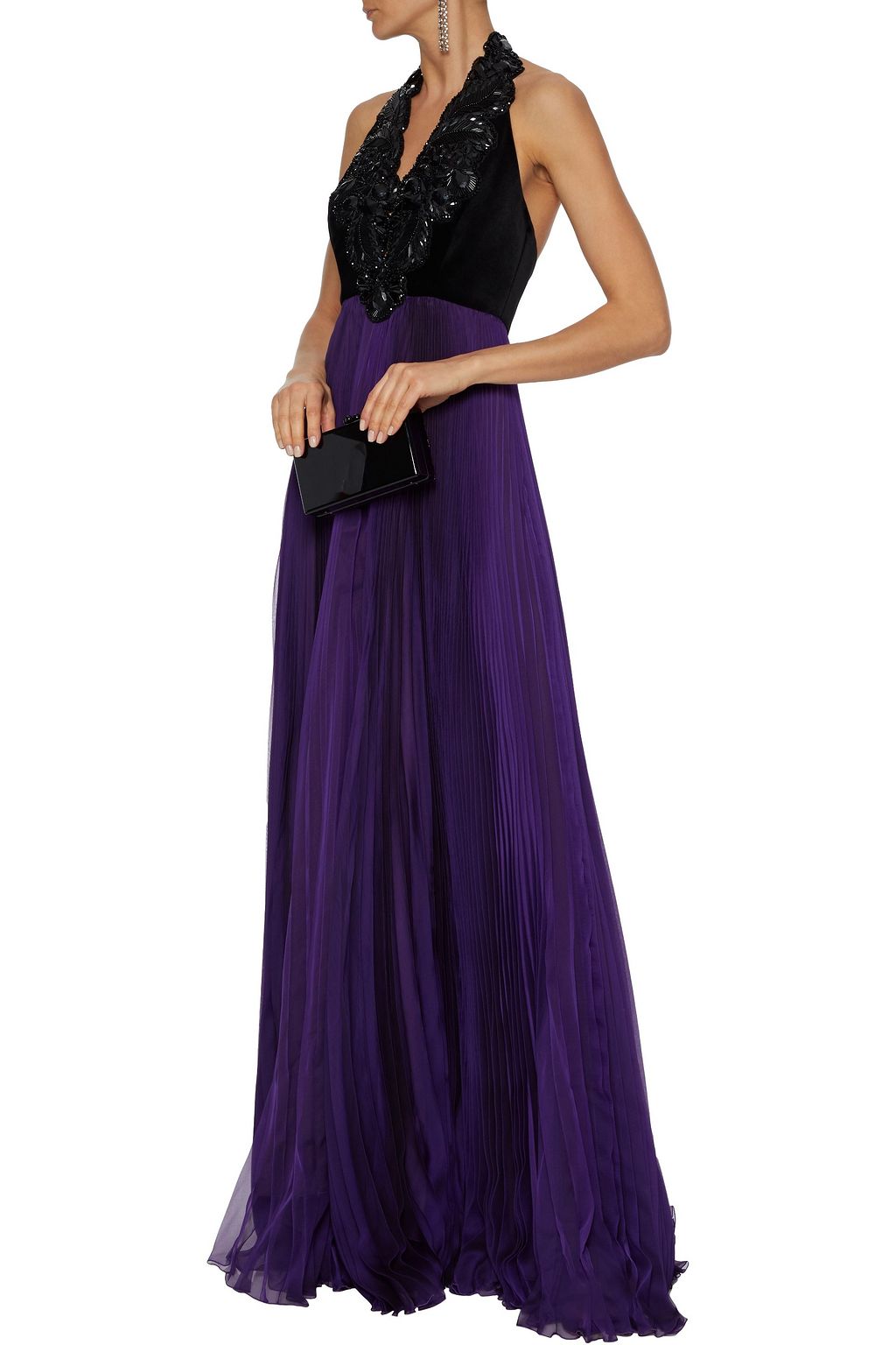 ANDREW GN Embellished velvet and pleated chiffon halterneck gown