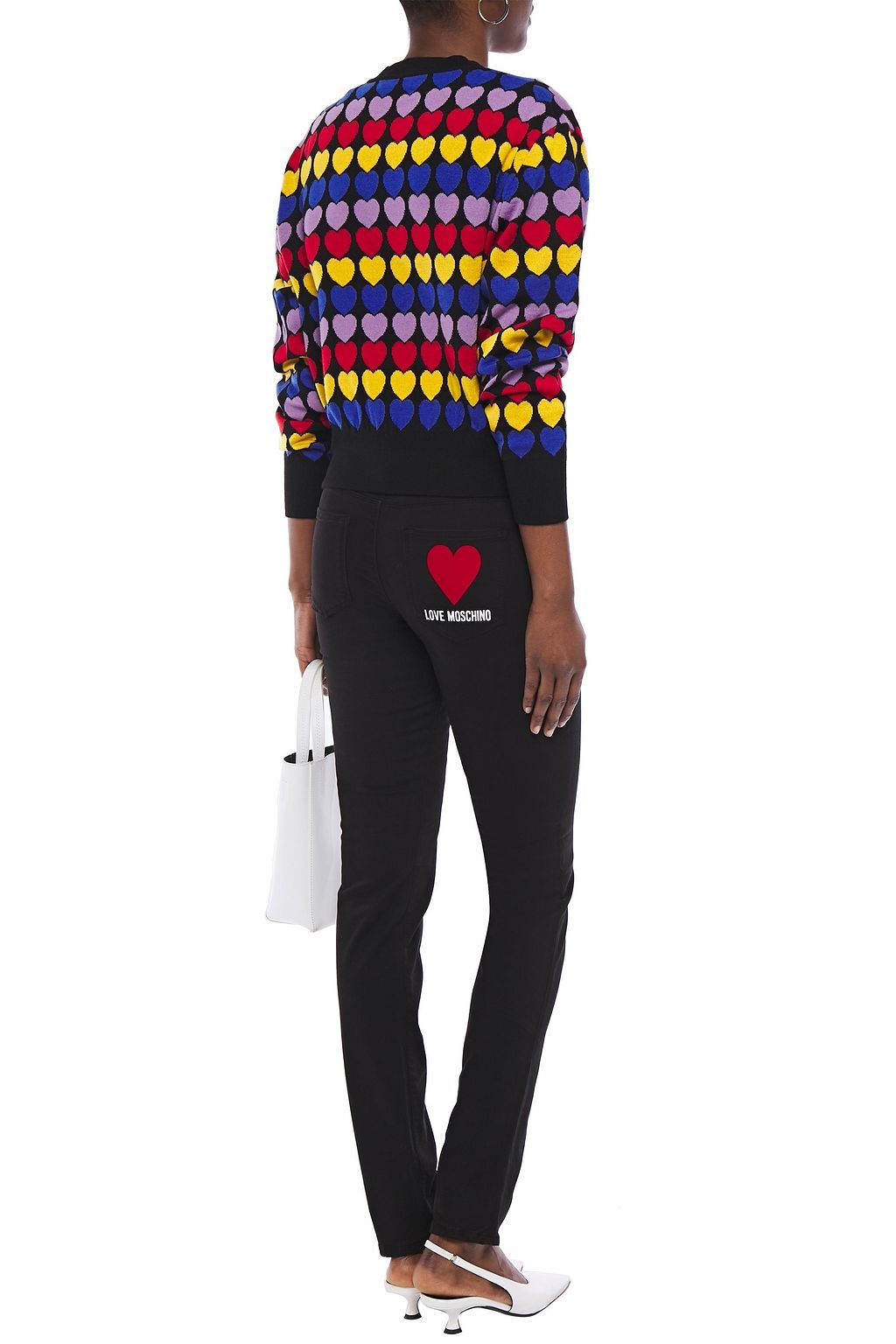 LOVE MOSCHINO Flocked printed mid-rise slim-leg jeans