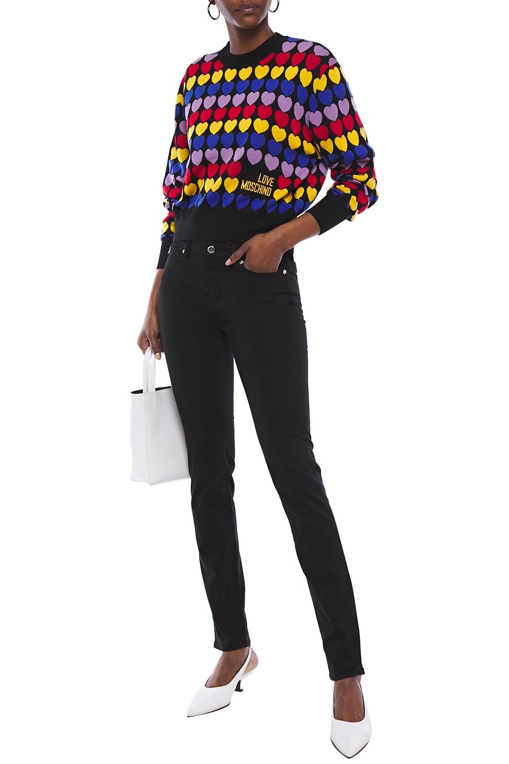 LOVE MOSCHINO Flocked printed mid-rise slim-leg jeans