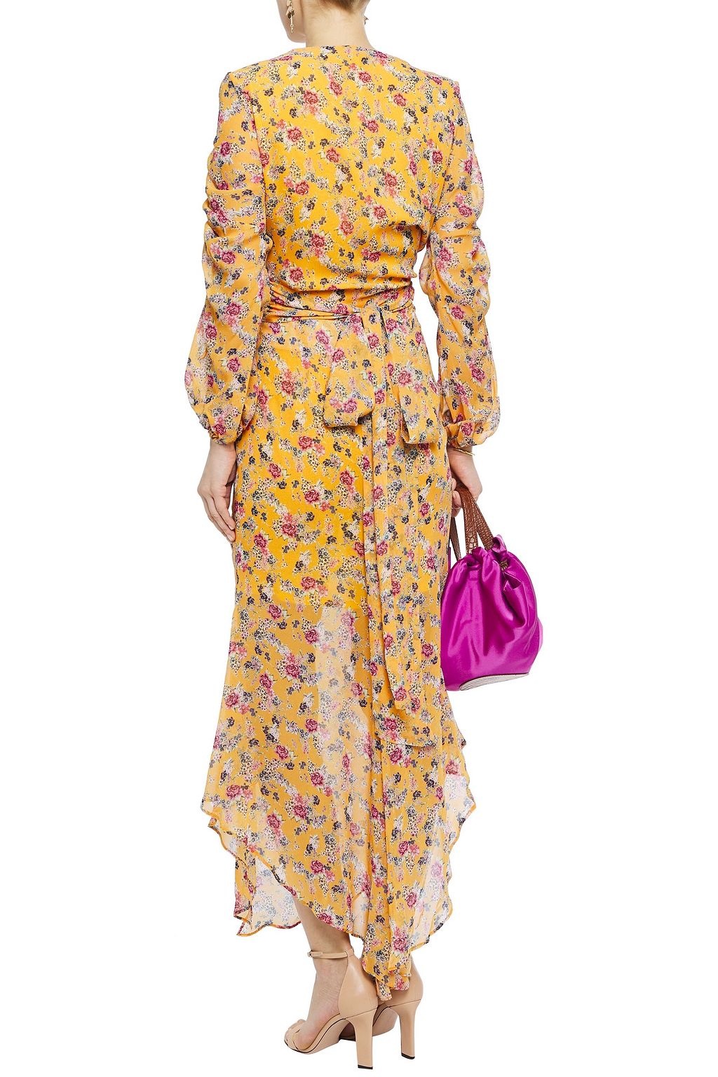 NICHOLAS Asymmetric gathered floral-print silk-chiffon midi skirt