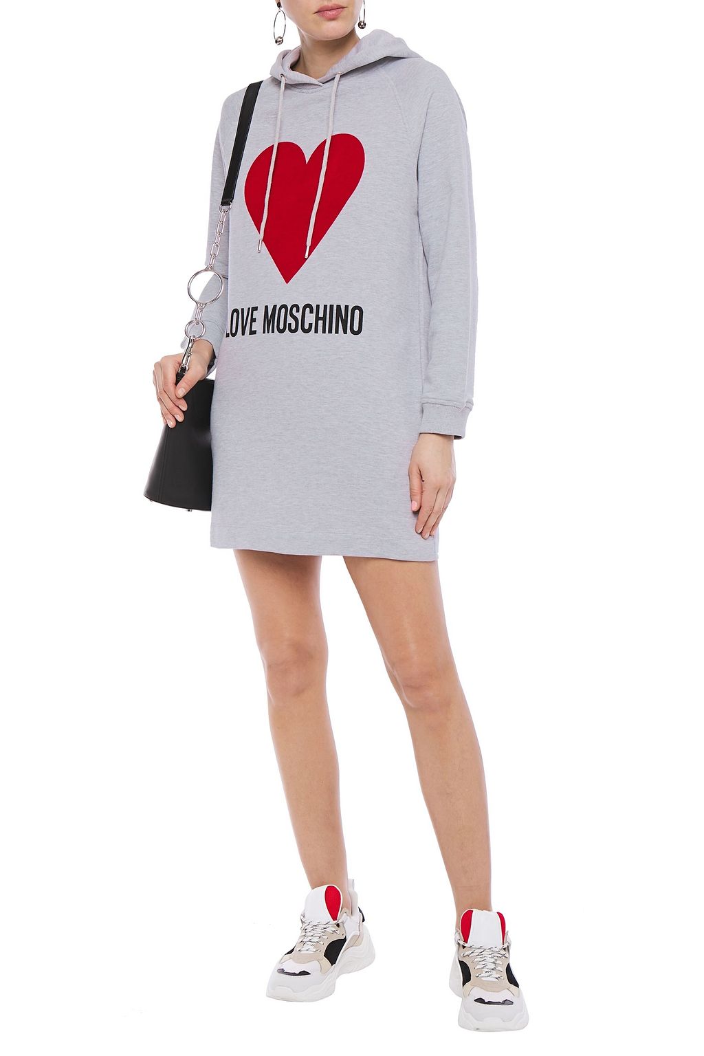 LOVE MOSCHINO Flocked printed French cotton-terry hooded mini dress
