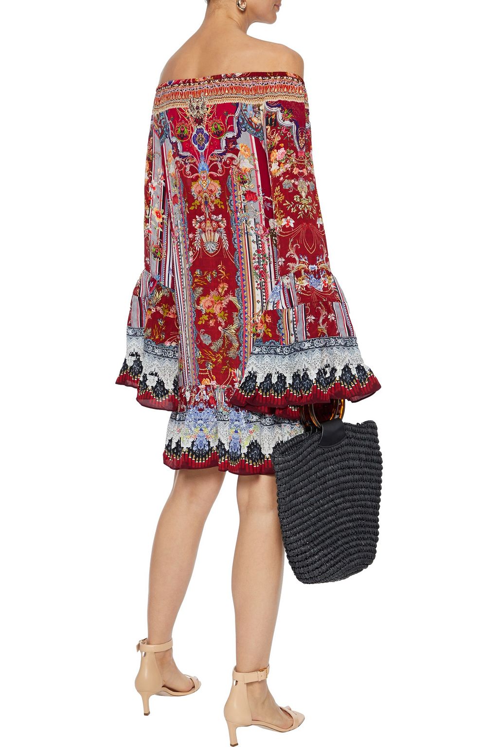 CAMILLA Off-the-shoulder crystal-embellished printed silk crepe de chine mini dress