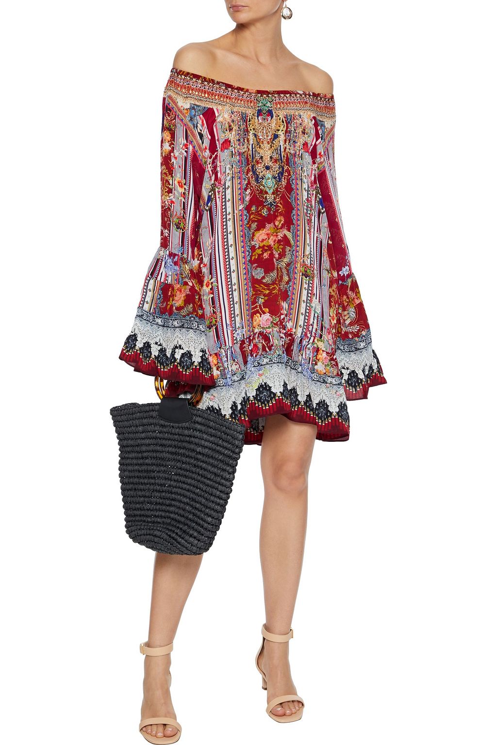 CAMILLA Off-the-shoulder crystal-embellished printed silk crepe de chine mini dress