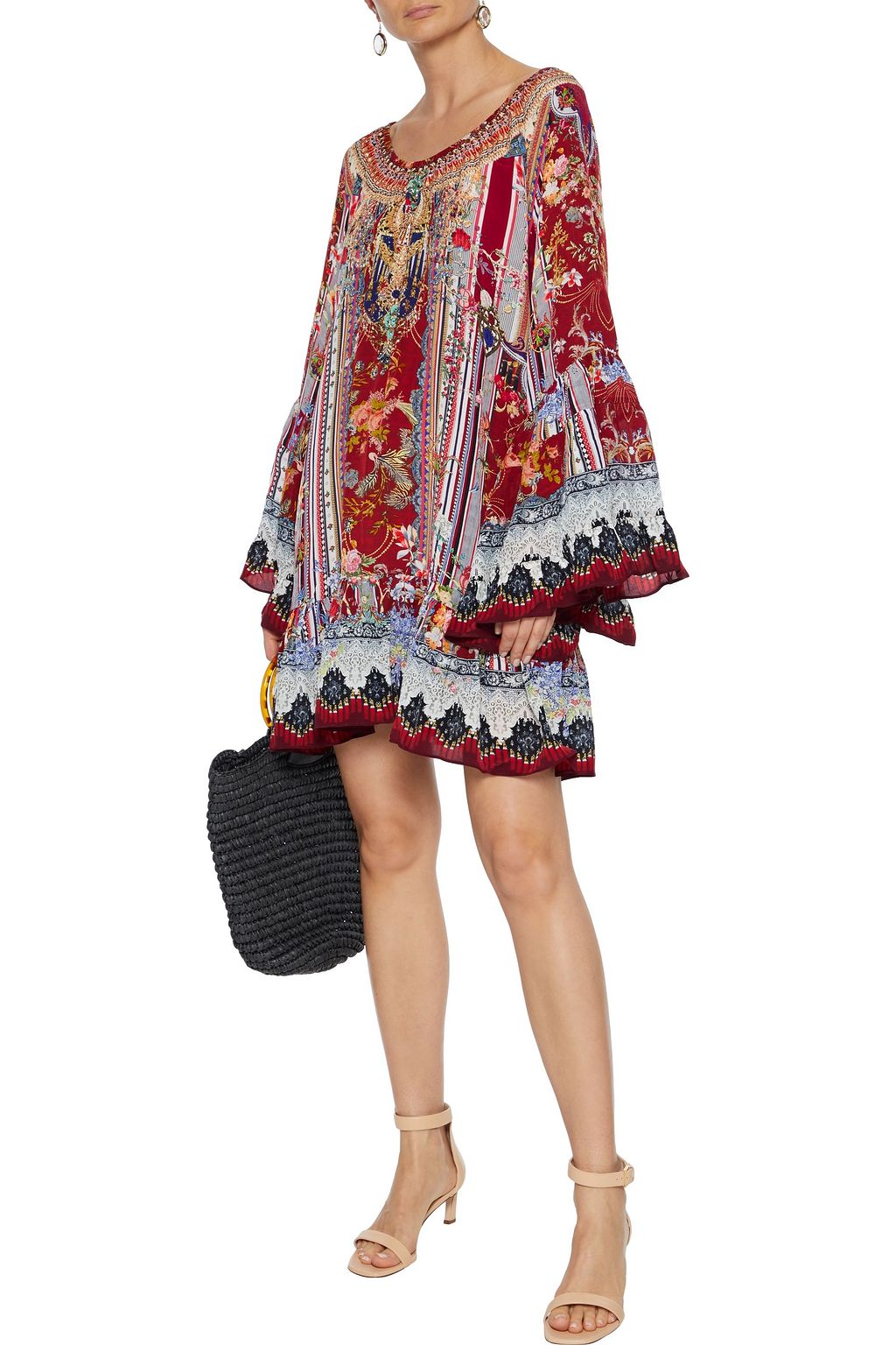 CAMILLA Off-the-shoulder crystal-embellished printed silk crepe de chine mini dress