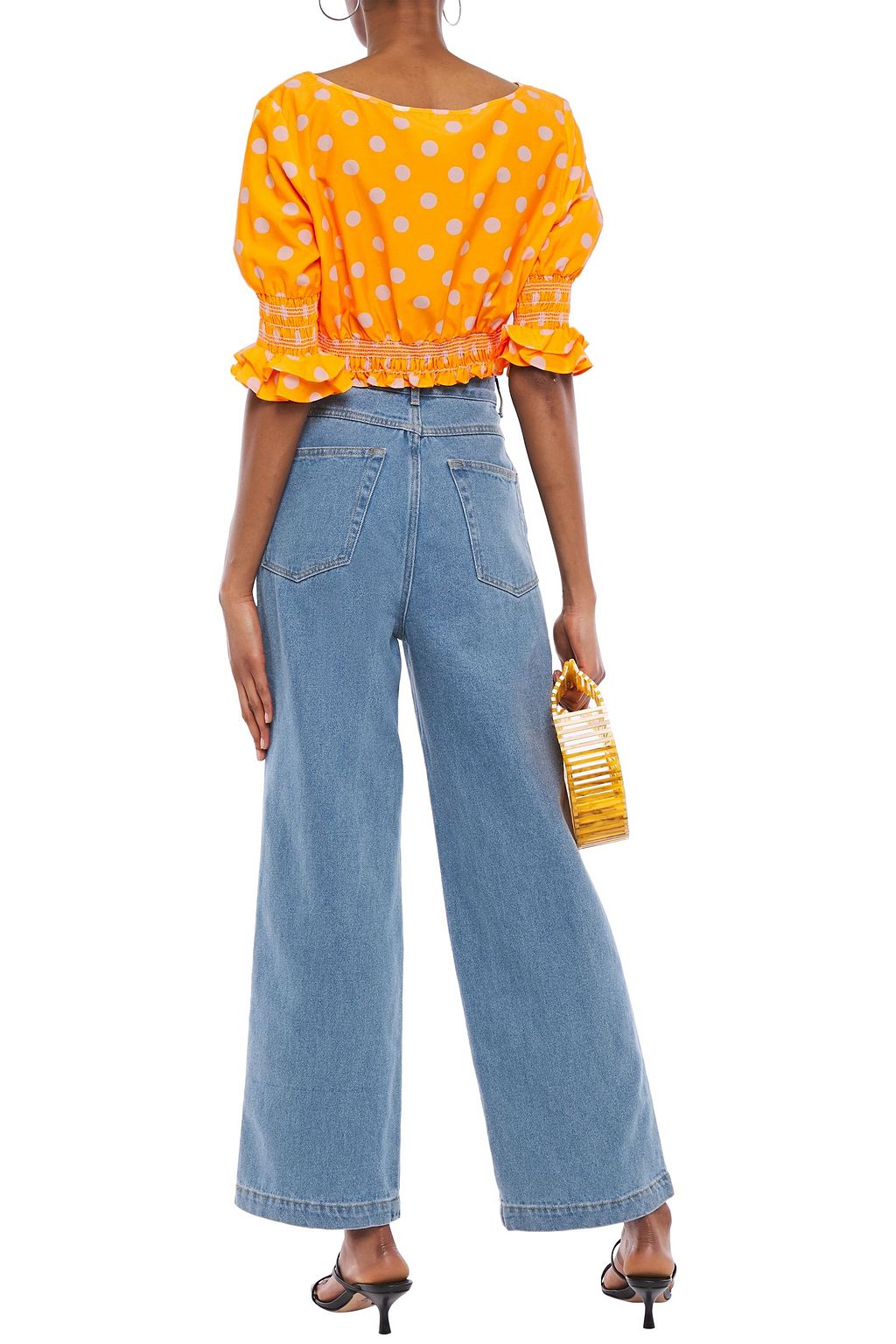 NICHOLAS Cropped shirred polka-dot cotton and silk-blend top