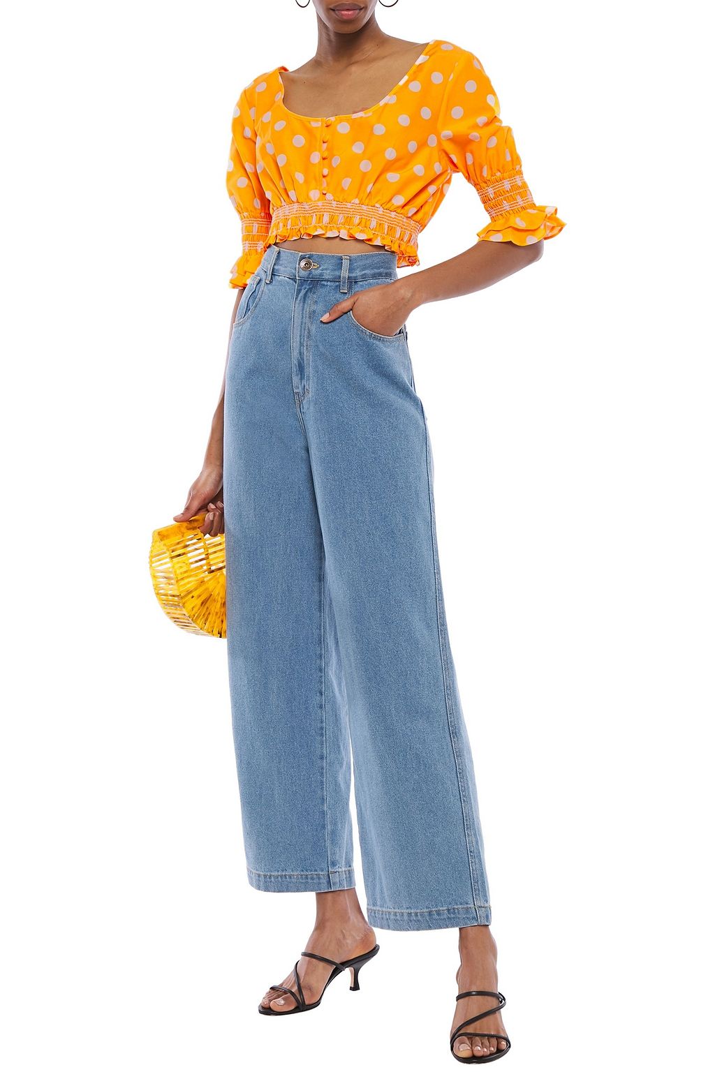 NICHOLAS Cropped shirred polka-dot cotton and silk-blend top