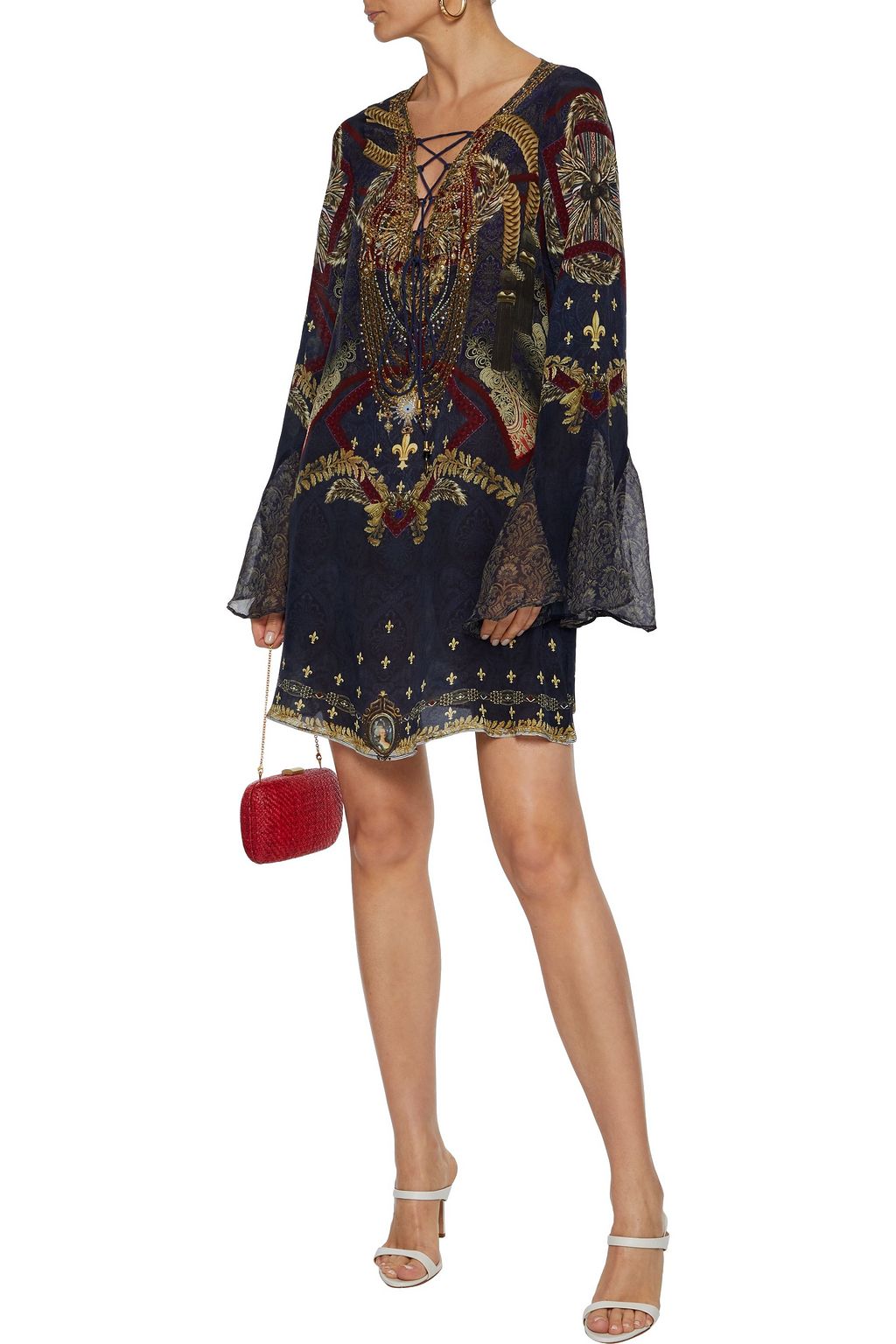 CAMILLA Lace-up crystal-embellished printed silk-chiffon mini dress