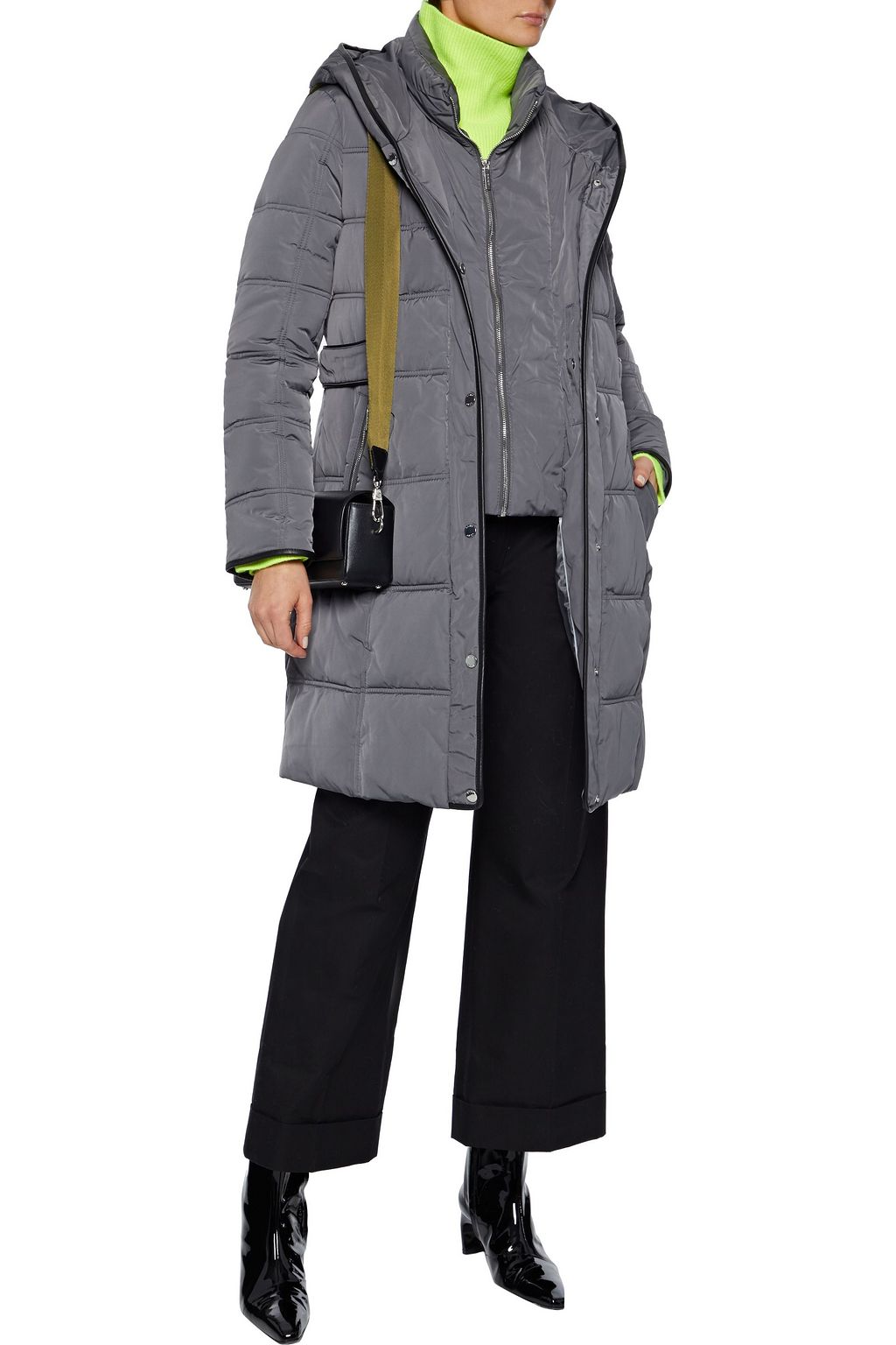 DKNY Faux leather-trimmed quilted shell hooded coat