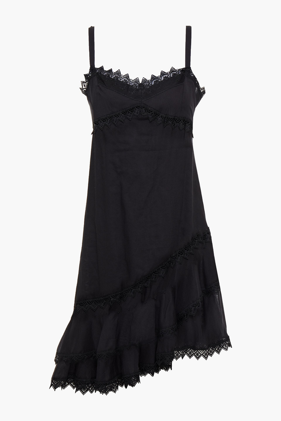 Charo Ruiz Ibiza Woman Asymmetric Crocheted Lace-trimmed Cotton-blend Voile Mini Dress Black Size L