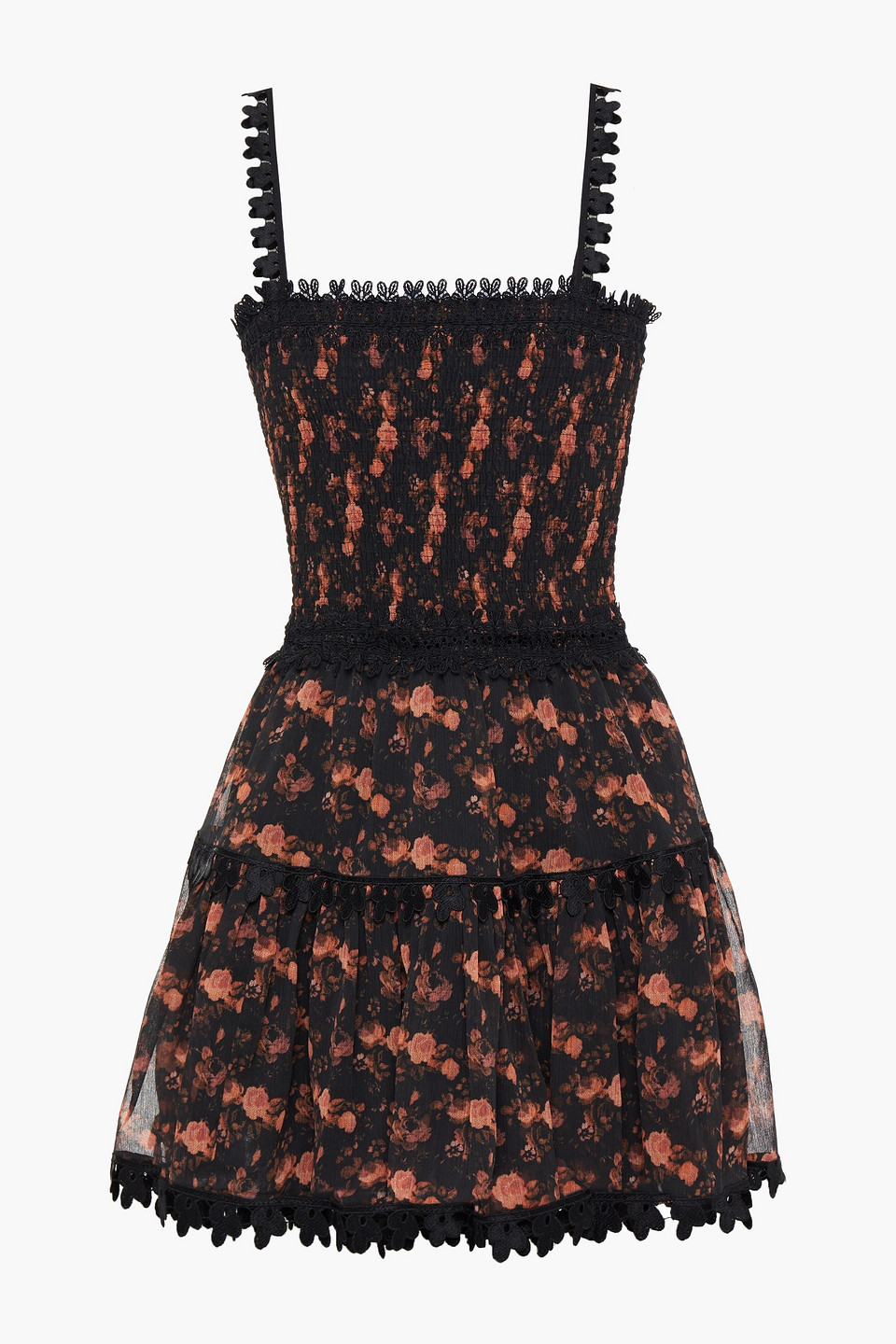 Charo Ruiz Ibiza Woman Crocheted Lace-trimmed Shirred Floral-print Crepon Mini Dress Black Size M