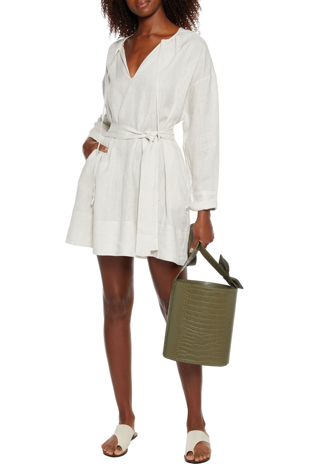 ASCENO Santorini belted slub organic linen mini dress