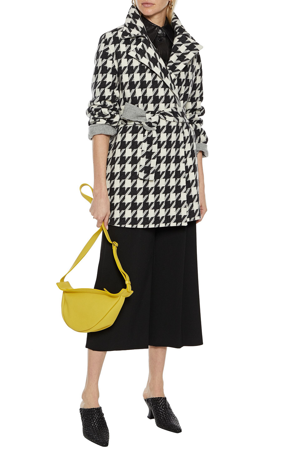 Theory Belted Houndstooth Brushed Wool-blend Coat In White