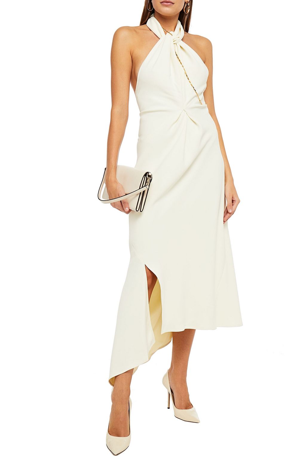 VICTORIA BECKHAM Twist-front chain-trimmed crepe halterneck midi dress