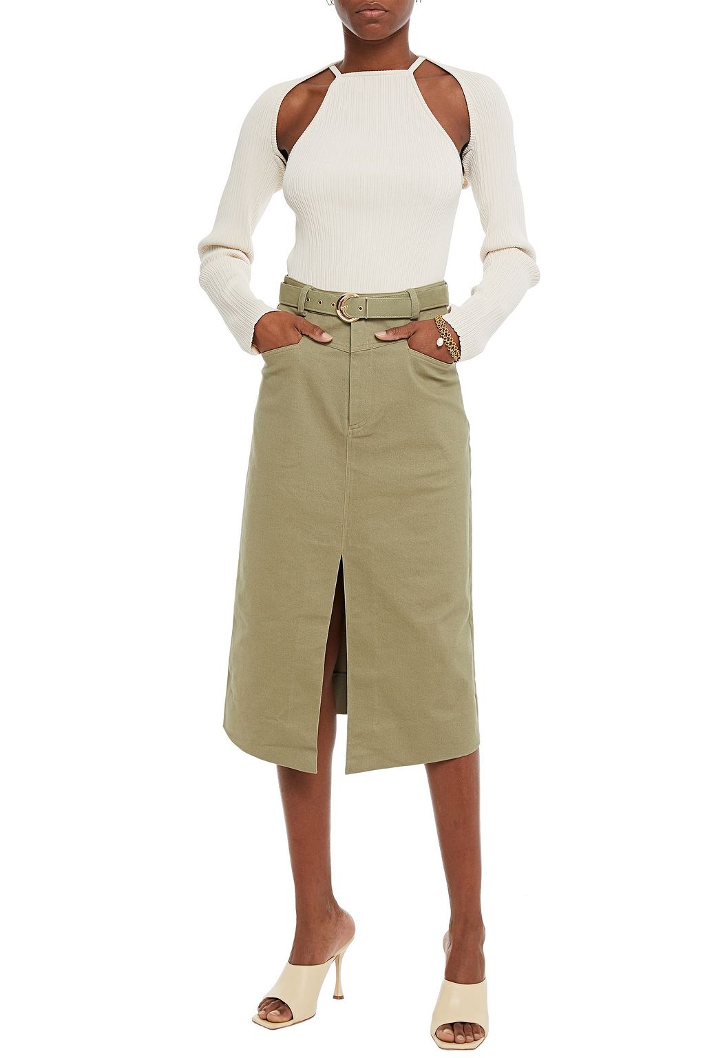 NICHOLAS Belted denim midi skirt
