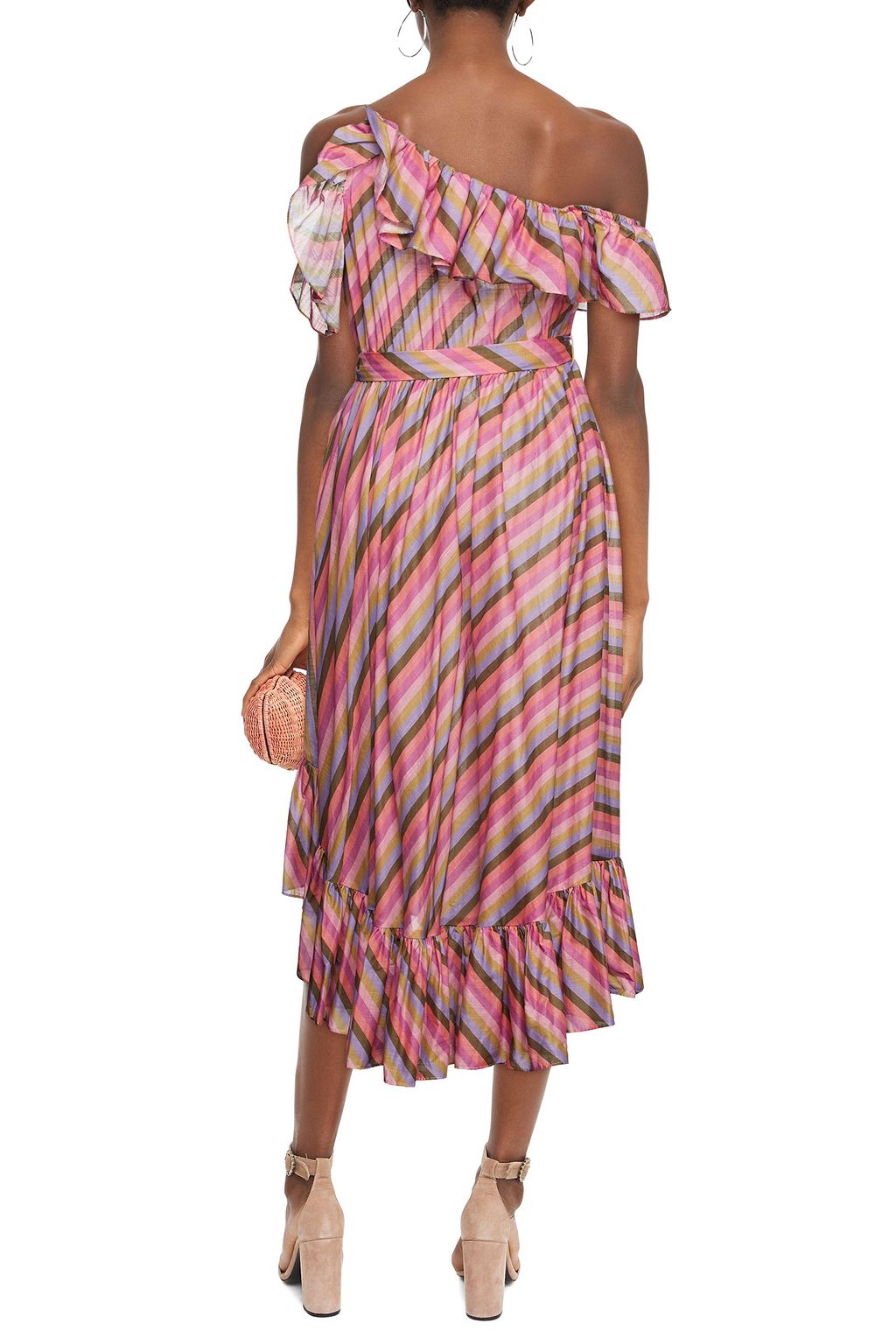 ZIMMERMANN Cold-shoulder ruffled striped cotton midi dress