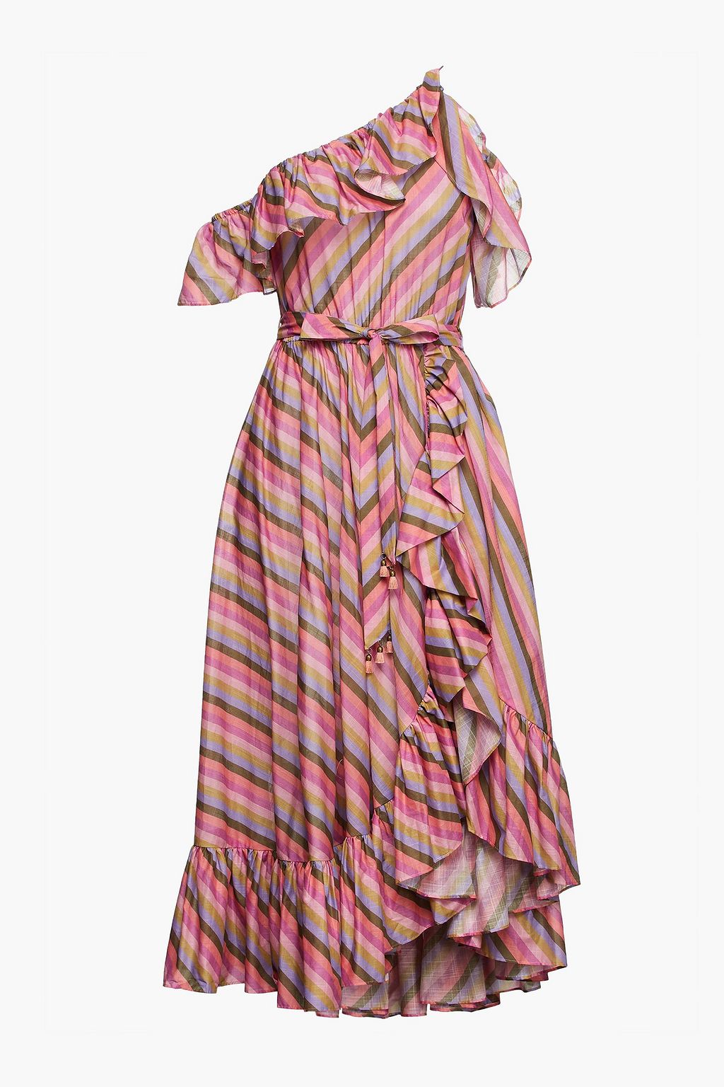 Cold-shoulder ruffled striped cotton midi dress