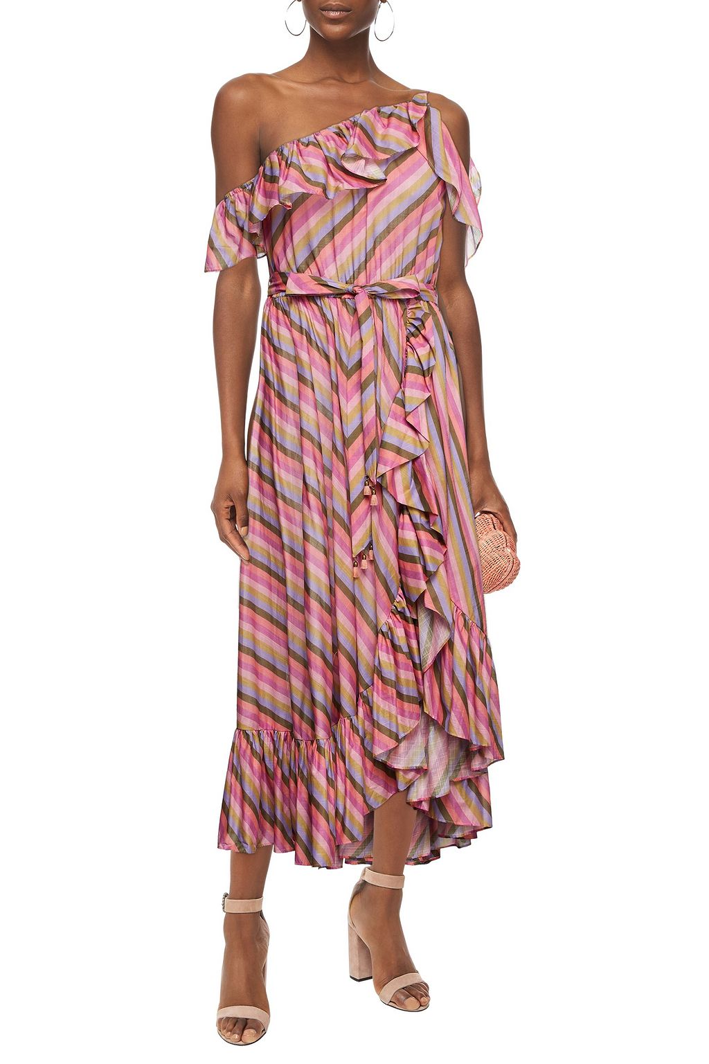 ZIMMERMANN Cold-shoulder ruffled striped cotton midi dress