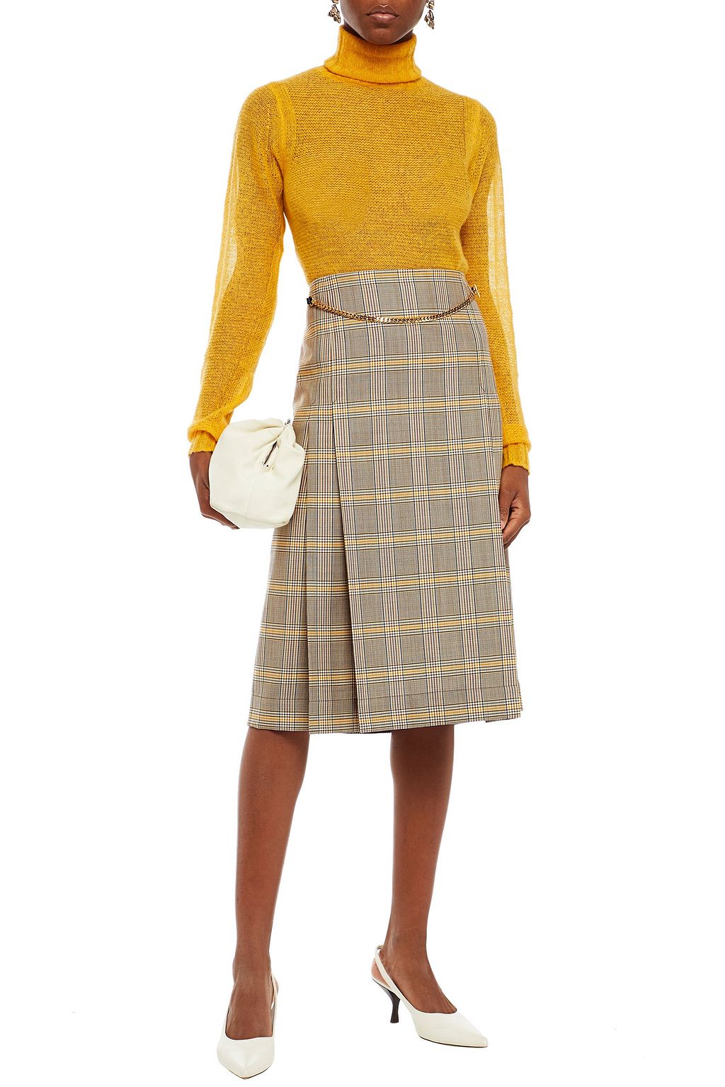 VICTORIA BECKHAM Chain-embellished pleated Prince of Wales checked wool skirt