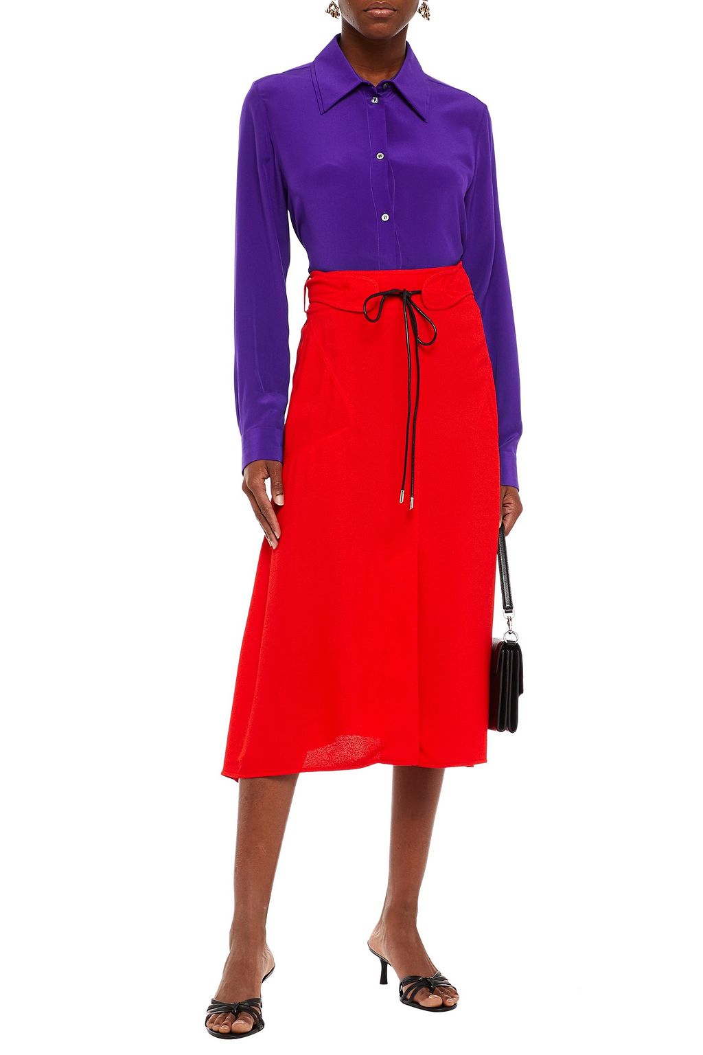 VICTORIA BECKHAM Leather-trimmed crepe midi skirt