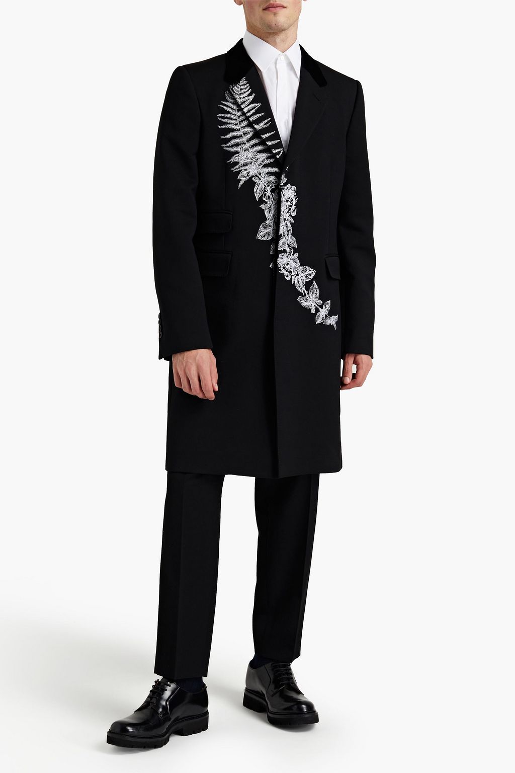 MCQUEEN Velvet-trimmed embroidered wool-twill coat