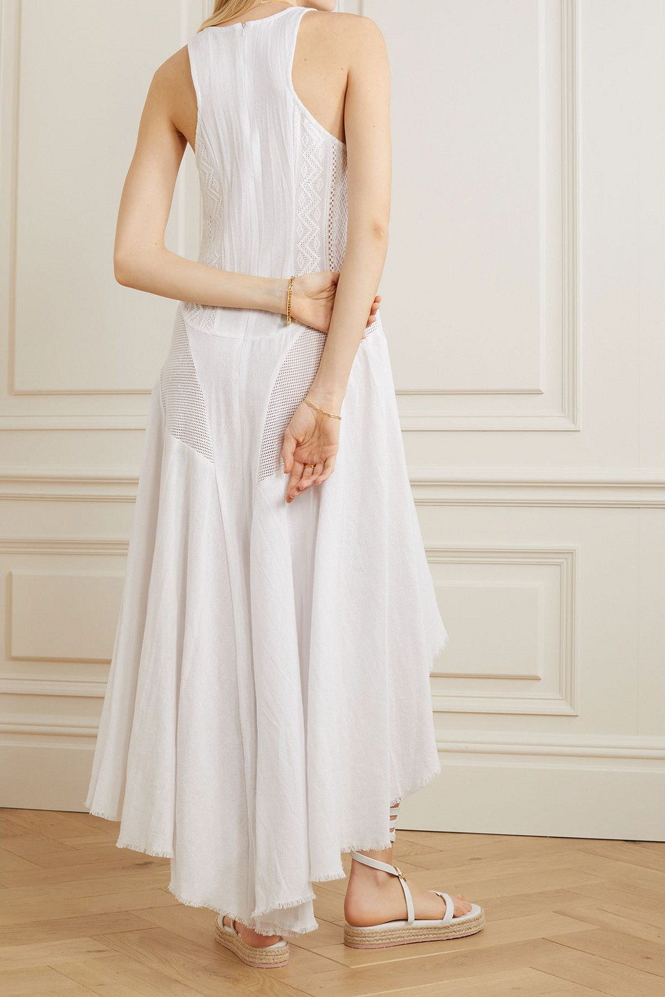 Rue Mariscal Fringed Asymmetric Mesh-paneled Cotton Midi Dress In White
