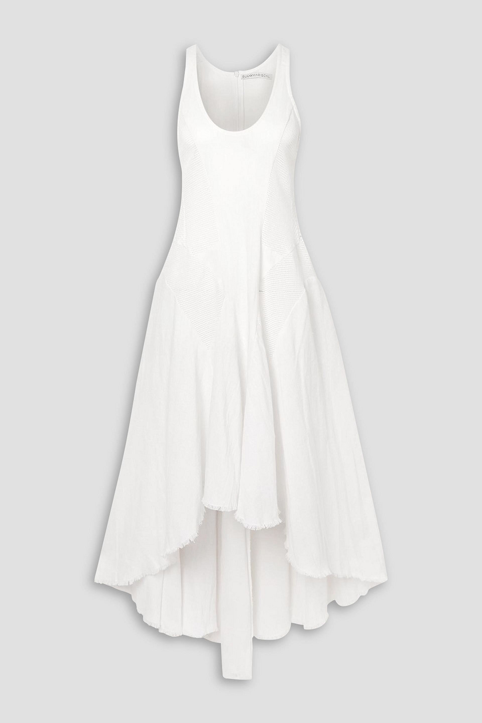 Rue Mariscal Fringed Asymmetric Mesh-paneled Cotton Midi Dress In White