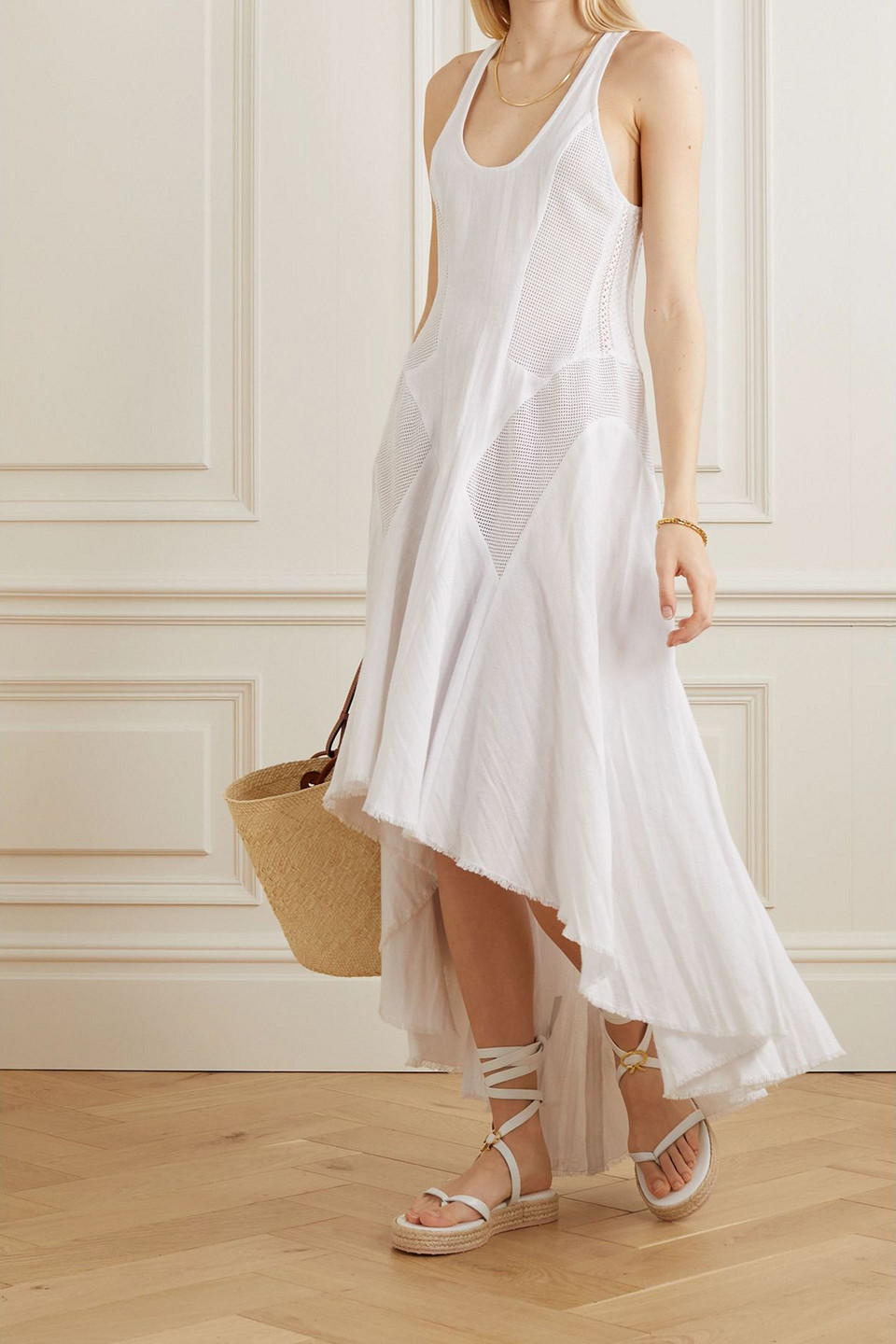 Rue Mariscal Fringed Asymmetric Mesh-paneled Cotton Midi Dress In White