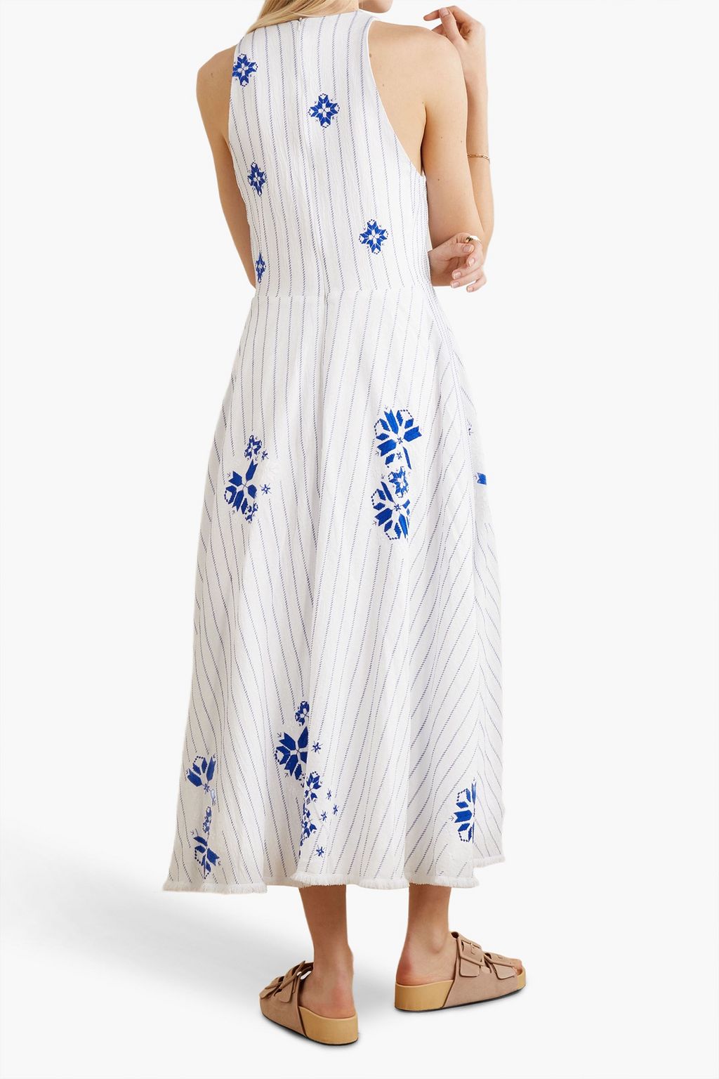 RUE MARISCAL Fringed striped cotton-jacquard midi dress
