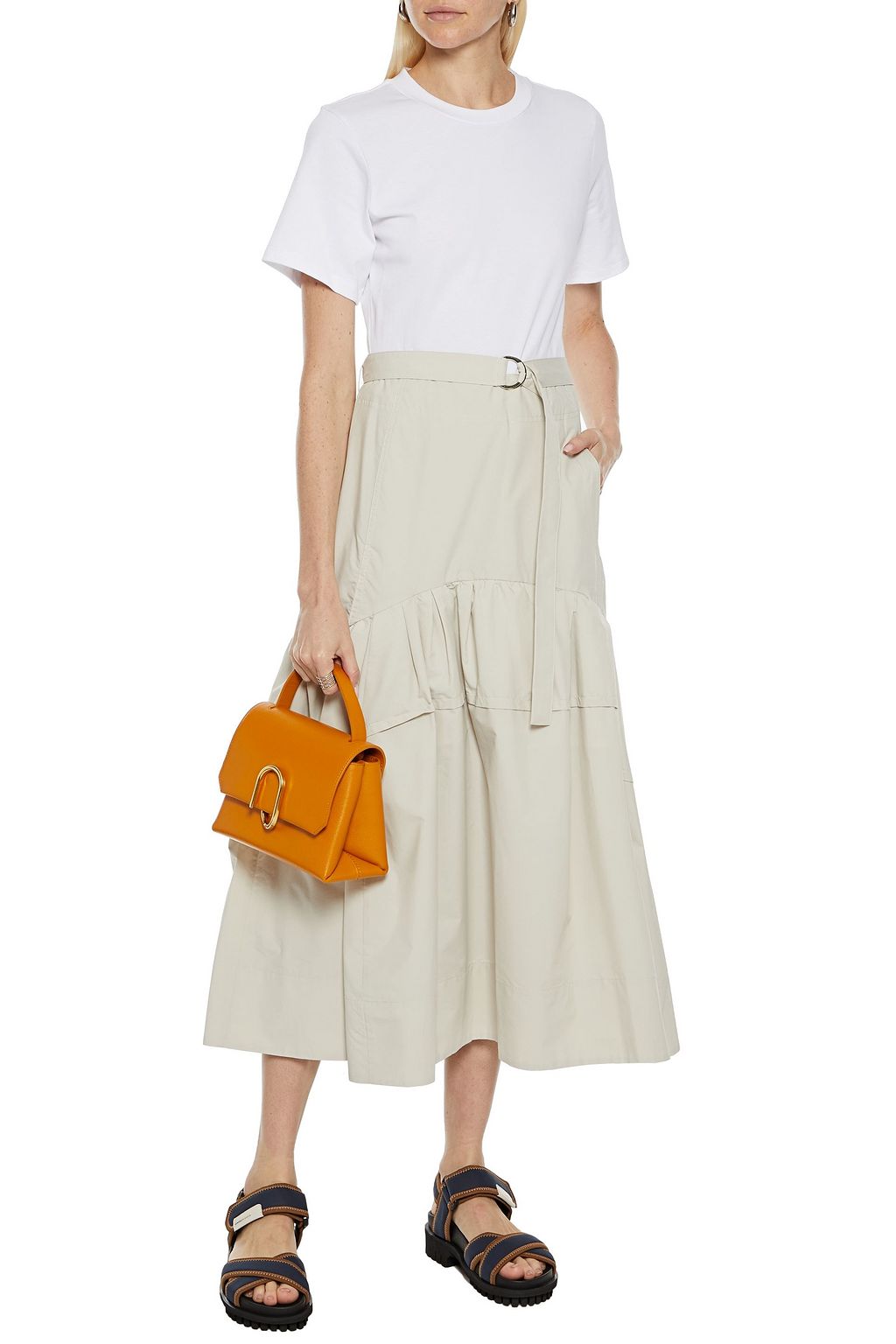 3.1 PHILLIP LIM Jersey-paneled belted cotton-poplin midi dress