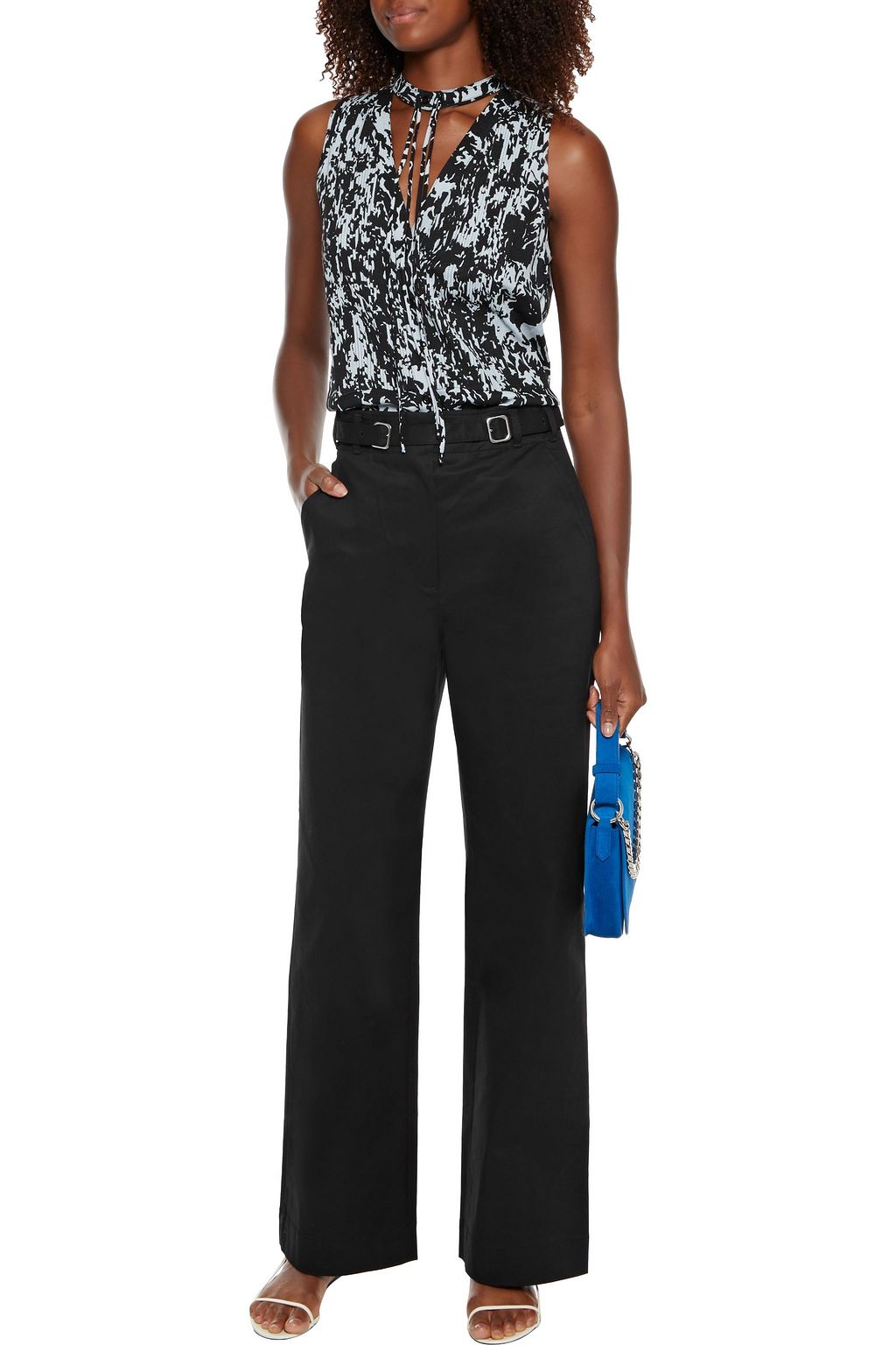 PROENZA SCHOULER Tie-neck pintucked printed crepe top