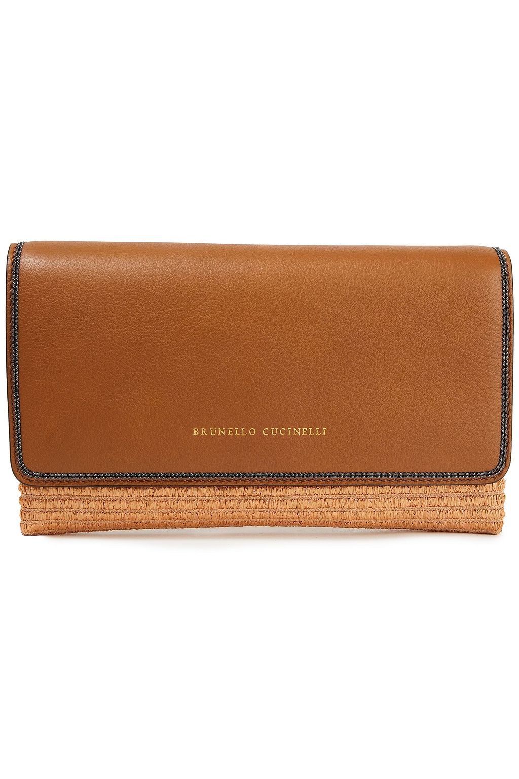 BRUNELLO CUCINELLI Schultertasche aus Raffiabastimitat mit Ledereinsatz und Verzierung