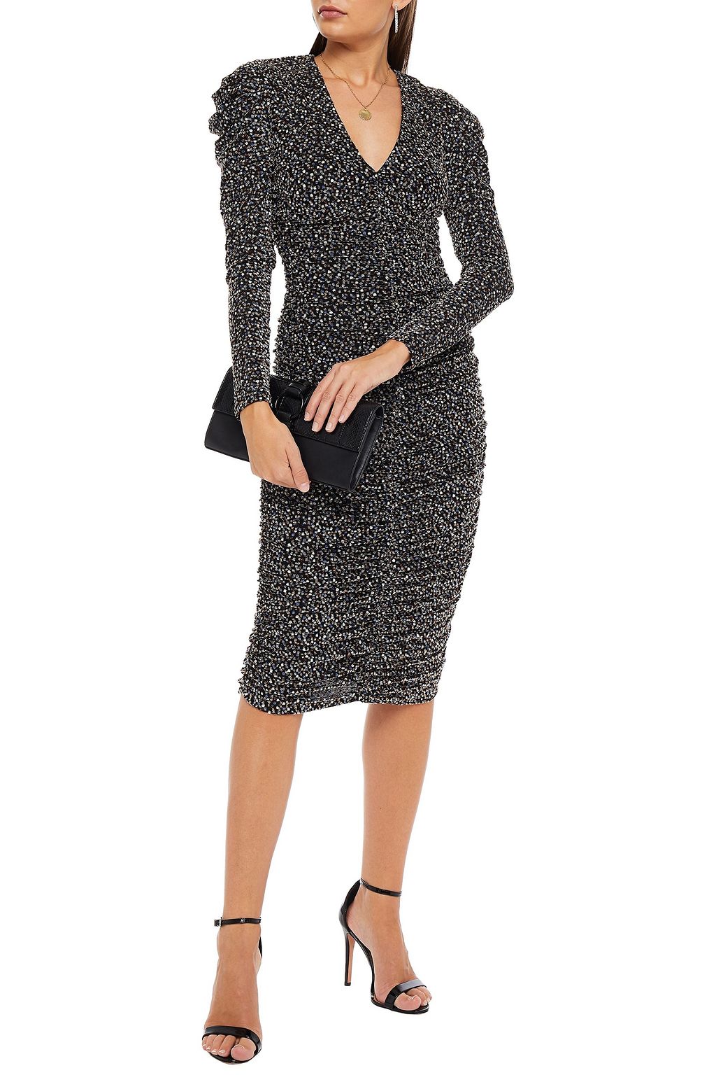 SIMKHAI Ruched metallic fil coupé stretch-knit midi dress