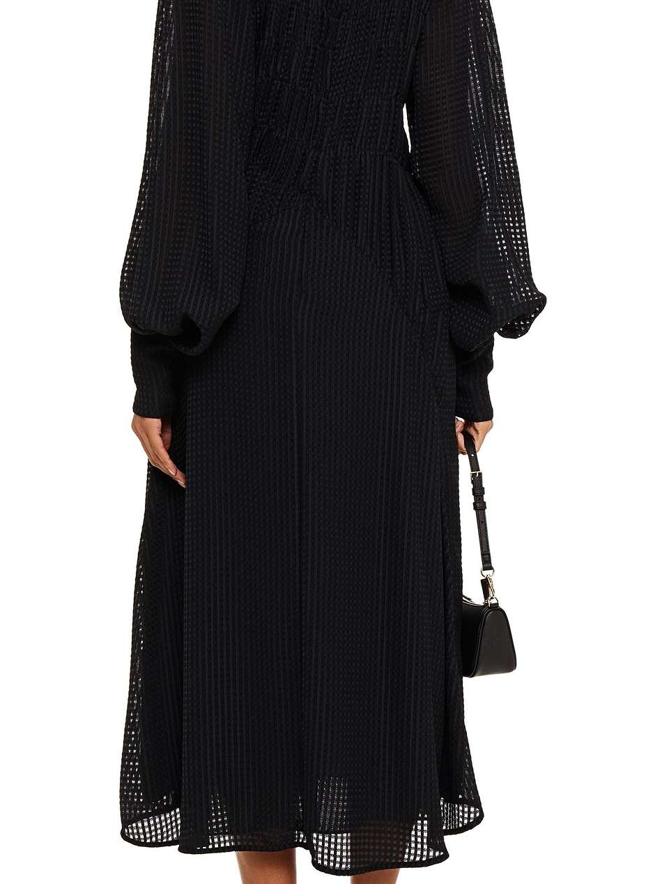 shirred checked jacquard midi dress