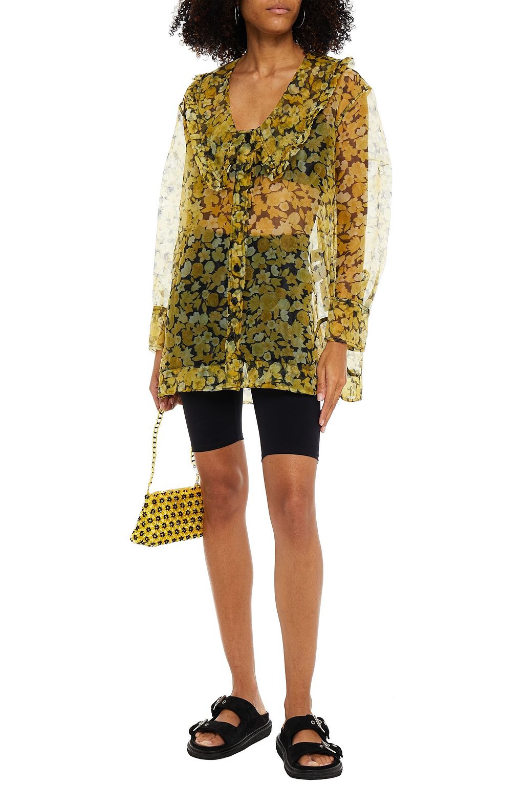 GANNI Ruffle-trimmed floral-print organza shirt