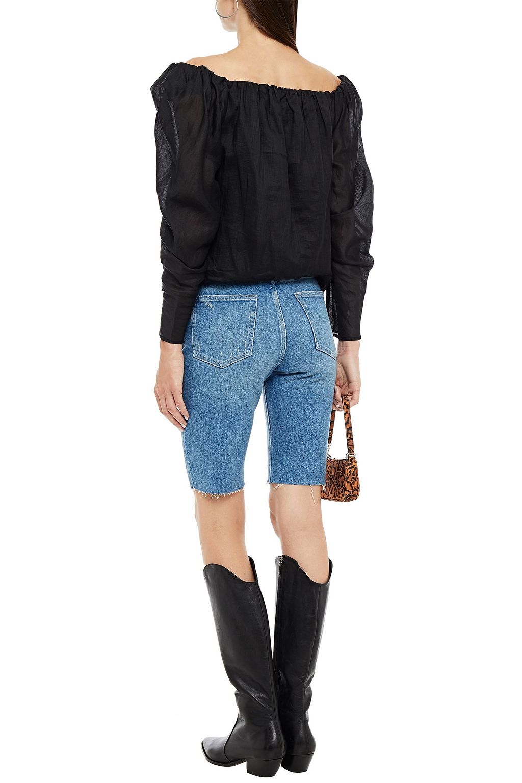 FRAME Off-the-shoulder cropped ramie-mousseline top