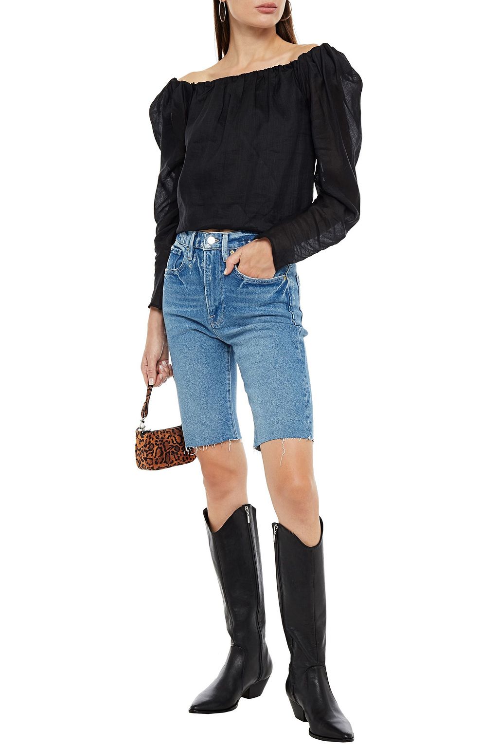 FRAME Off-the-shoulder cropped ramie-mousseline top