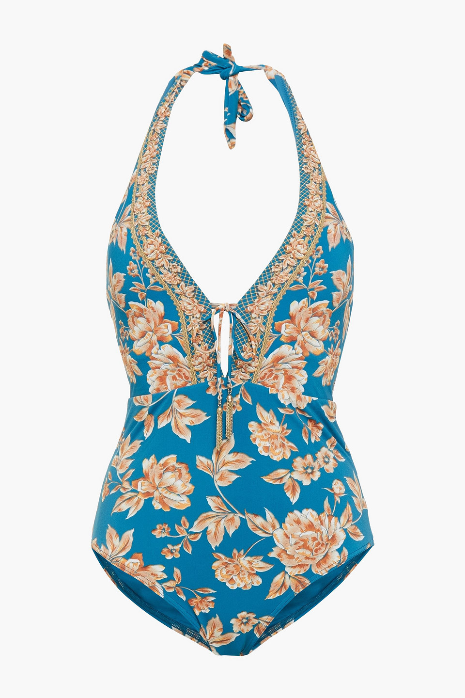 Jets Australia By Jessika Allen Woman Enchantment Floral-print Halterneck Swimsuit Teal Size 14