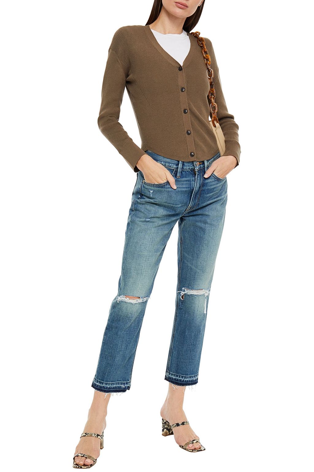 FRAME Cropped distressed straight-leg jeans