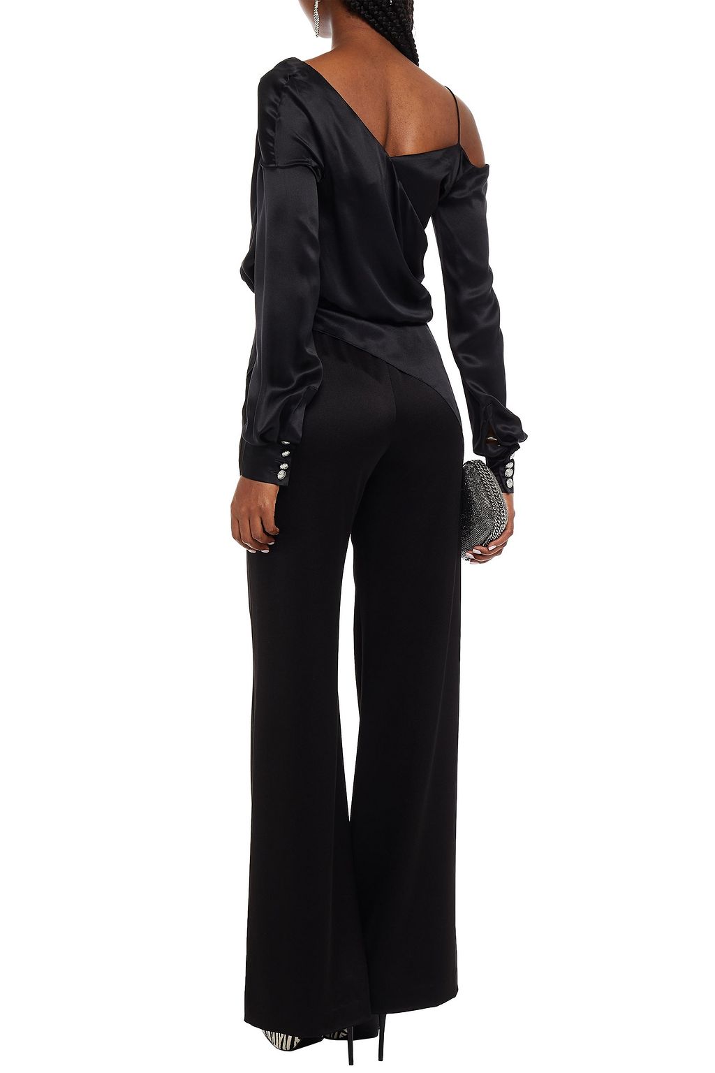 BALMAIN Asymmetric wrap-effect draped silk-satin peplum top