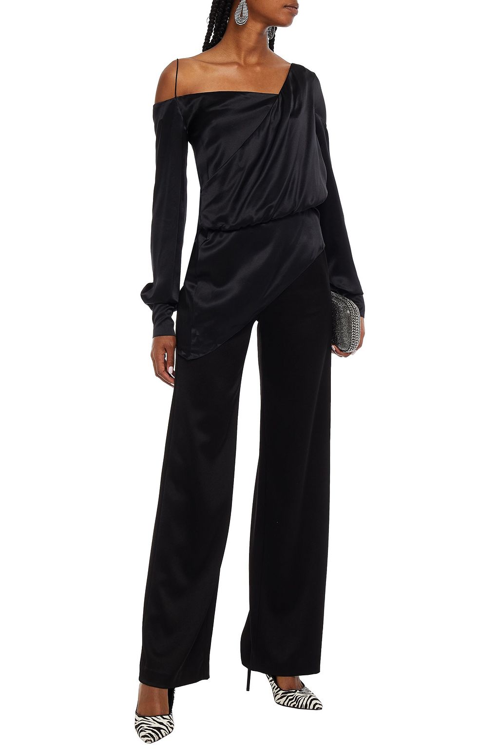 BALMAIN Asymmetric wrap-effect draped silk-satin peplum top