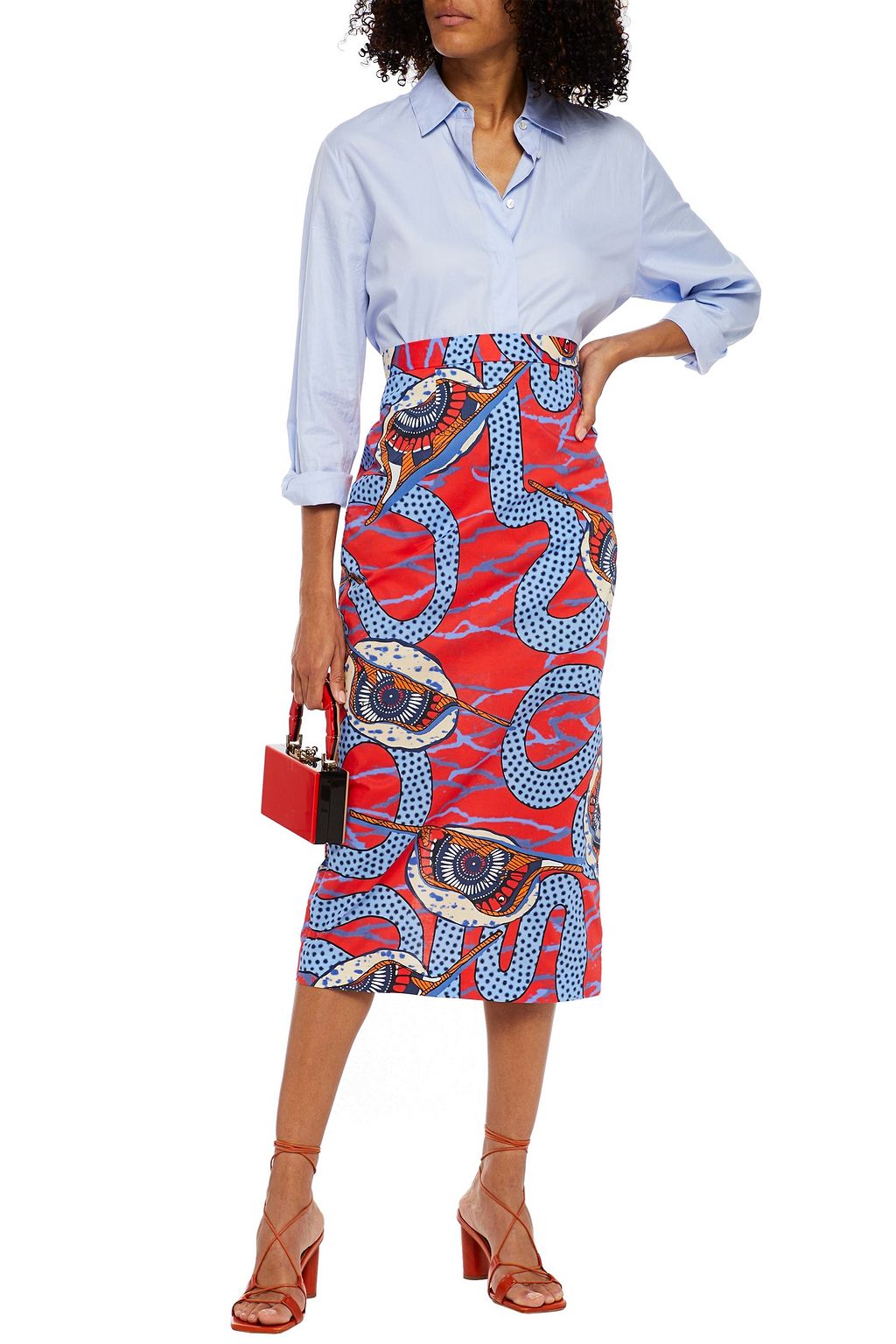 STELLA JEAN Printed cotton-blend poplin midi pencil skirt