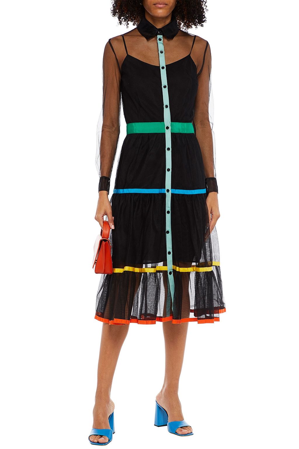 STELLA JEAN Fluted grosgrain-trimmed tulle midi shirt dress