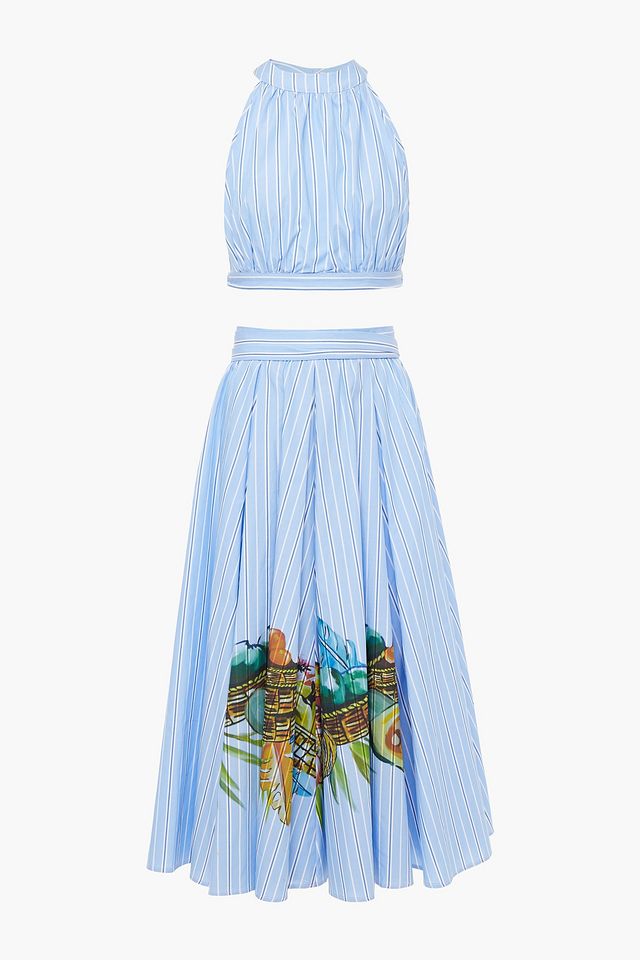 Cropped printed cotton-poplin top and skirt set