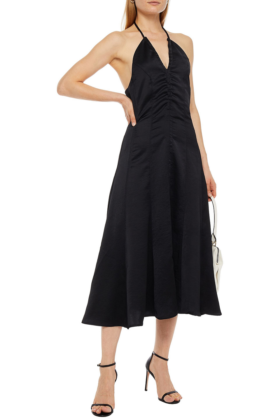 Lvir Ruched Satin Halterneck Midi Dress In Black